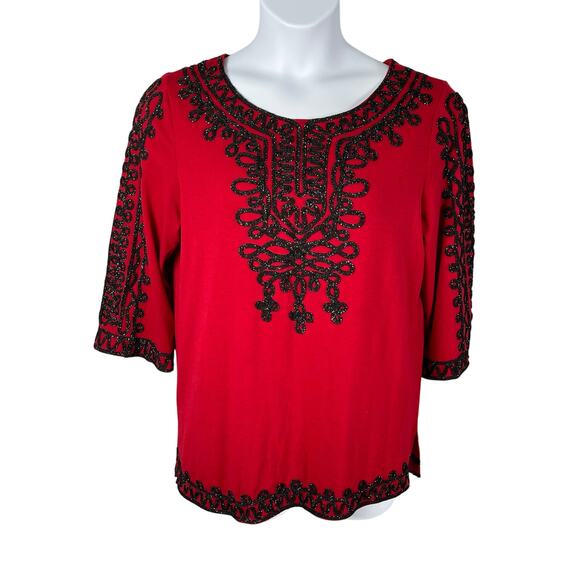 Vintage Lauren Michelle Top Womens Large Red Black Sparkle Soutache Trim - Picture 1 of 7